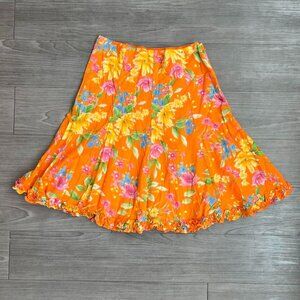 Y2K Jones New York Orange Floral Ruffle Hem Vibrant Cotton Skirt Size 6 Petite